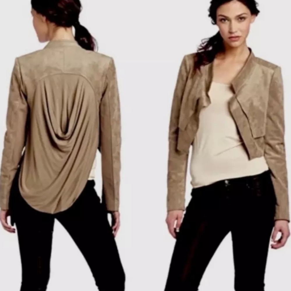 BCBG Suede High-Low Leather Jacket. Tan/Brown,Size S, Cropped Shrug Boho